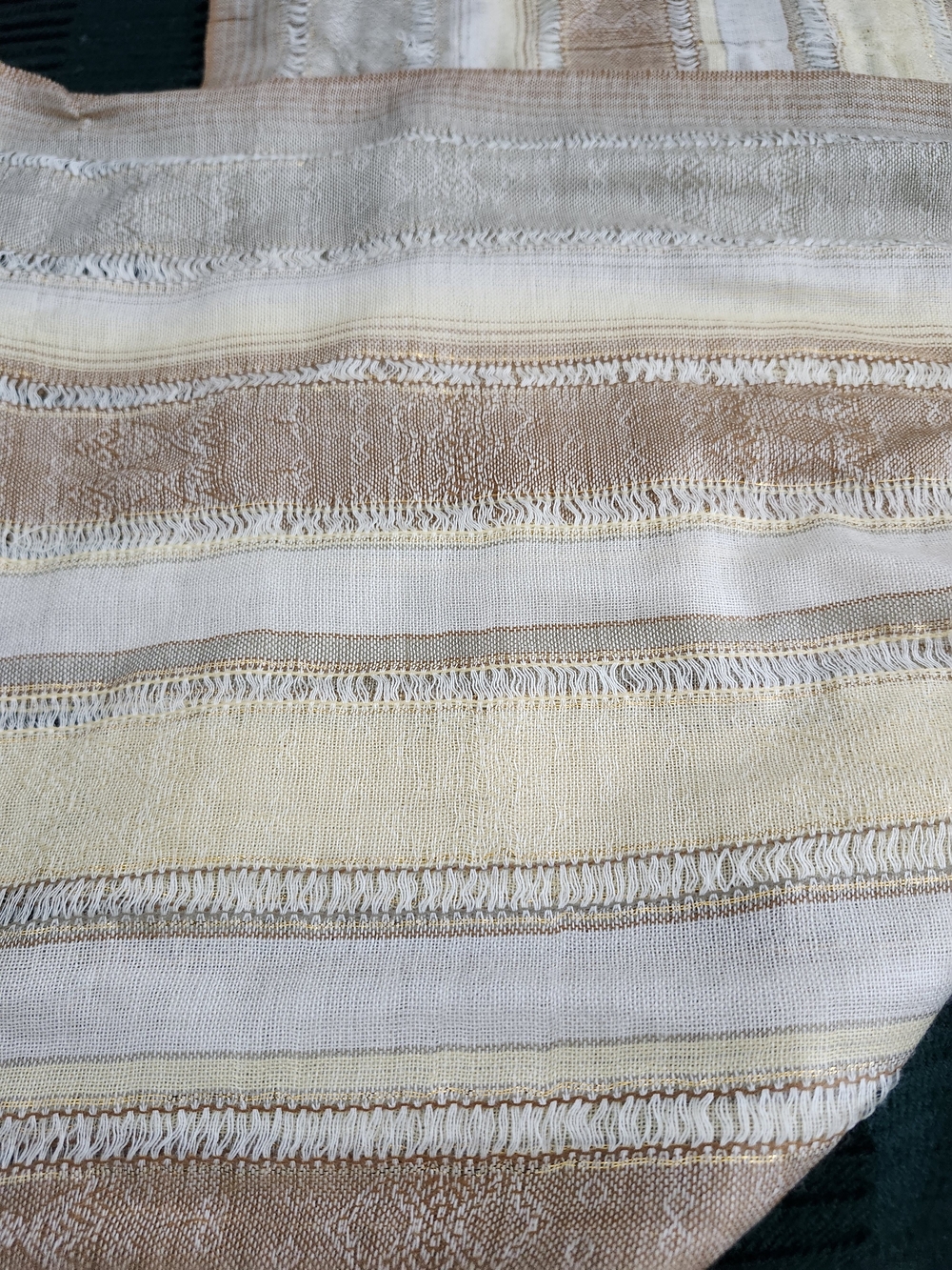 Peruvian Striped Fringed Scarf in Cream, Beige & Tan Peurvian Metallic